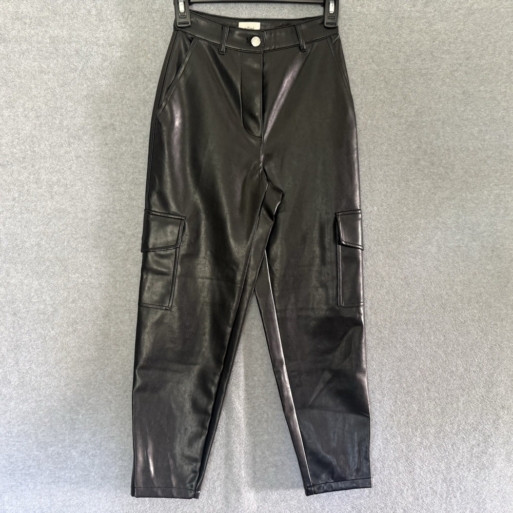 Aritzia WILFRED Modern Cargo Pants Black Vegan Leather High Waist Button Size 00 - Picture 2 of 14